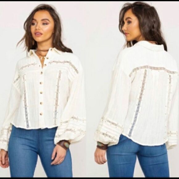 FREE PEOPLE Summer Stars Button down Top in Ivory L NWOT - Picture 1 of 10